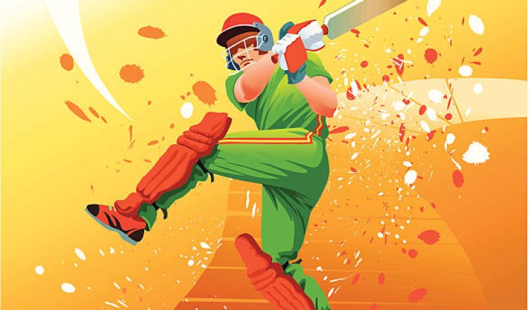 High action illustration of a batsman hitting a cricket ball into the stands during 20/20 cricket match. All images are placed on separate layers for easy editing. High resolution JPG and Illustrator 0.8 EPS included.